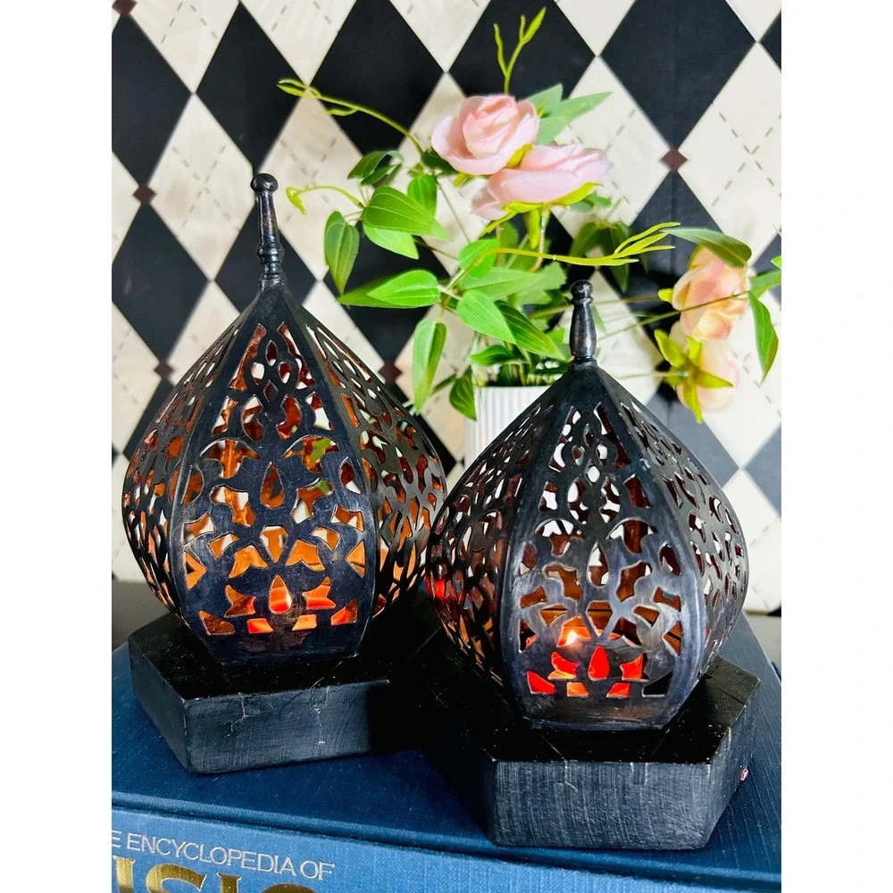 Moroccan Lantern Candleholders Black Pierced Metal Decor Pair